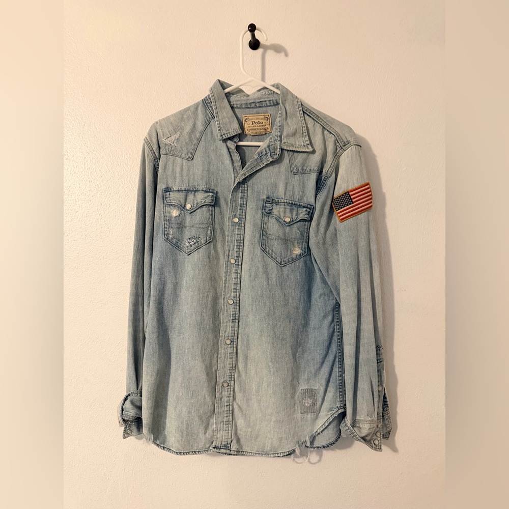 Polo Ralph Lauren Authentic Denim Western Shirt USA Flag Patch Men’s Medium